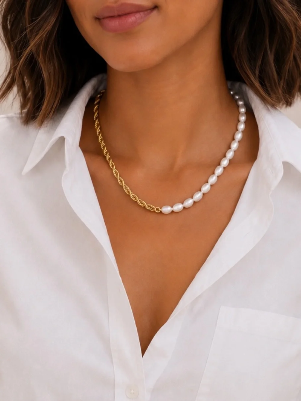 New! 18K Gold Plated White Pearl Bead Mixed Chain Necklace NWOT